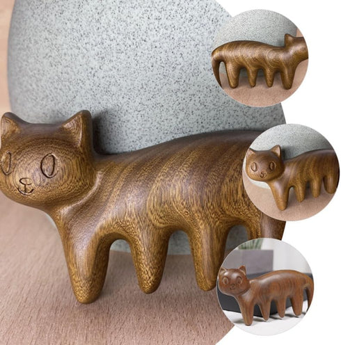 Ipetboom 3.1In Wooden Scalp Massage Comb: Cat Shape Sandalwood Head Wide Tooth Massager for Hair GuaSha, Hair Care