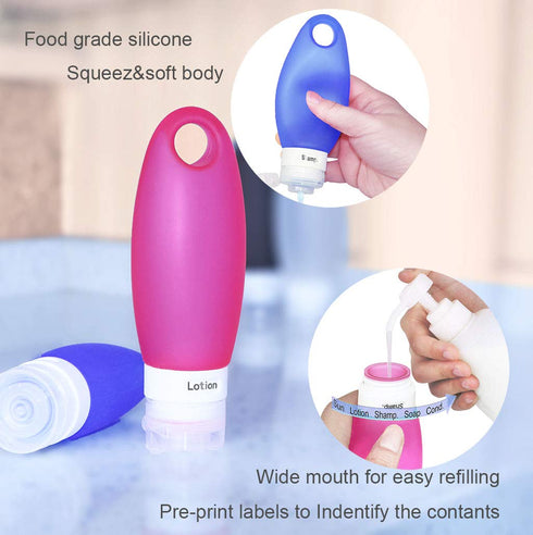 Silicone Travel Bottle Set, TSA Approved, Leak Proof Design, 3.3 Oz (4 Pack + Lanyard, White Bottles)