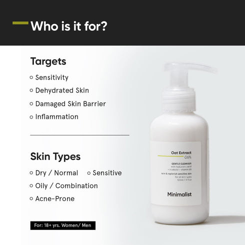 Minimalist 6% Oat Extract Gentle Face Wash for Sensitive, Dry & Dehydrated Skin | Hyaluronic Acid Provides Hydration | For Women & Men | 4 Fl Oz / 120 ml