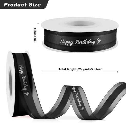 Happy Birthday Ribbon for Gift Wrapping, 1 Inch 25 Yards Black Ribbon for Flower Bouquet, Organza Satin Ribbon for Crafts Bow Making Cake Box Party Decoration, Birthday Ribbon for Gift Wrapping