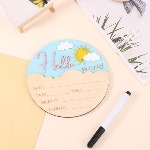lasuroa 5.9 Inch Baby Announcement Sign, Cute Sun Style Wooden Hello World Newborn Sign Baby Name Plaque for Nursery