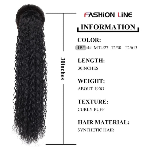 Long Curly Drawstring Ponytail - 30” Synthetic Clip In Extensions, Black Color for Women