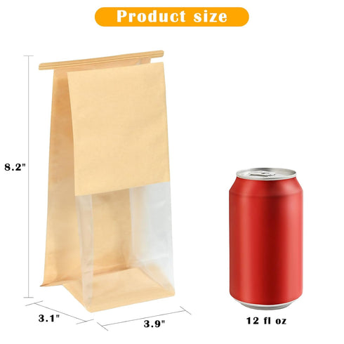 Kosotody 50 Pack Window,3.9x3.1x8.2 Inches Small Bakery Bags with Brown Kraft Paper Bakery Bag with Tin Tie Tab Lock