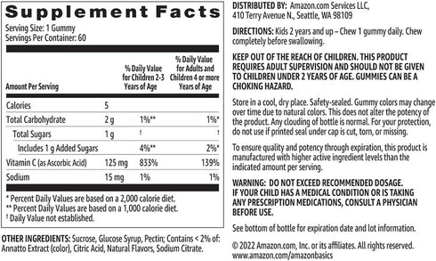Amazon Basics Kids' Vitamin C Gummies, 125mg, Orange, 60 Count, Immune Health, 2 Month Supply (Previously Solimo)