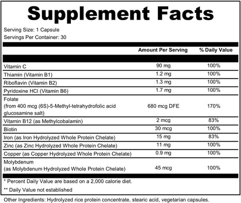Dr. Wholeness Blood Vitality - Daily Iron Supplement and Multivitamin - Boost Ferritin and Energy, Most Effective Iron Supplement, High Potency, Non Constipating, No Nausea, and Bioavailable - 30 Caps