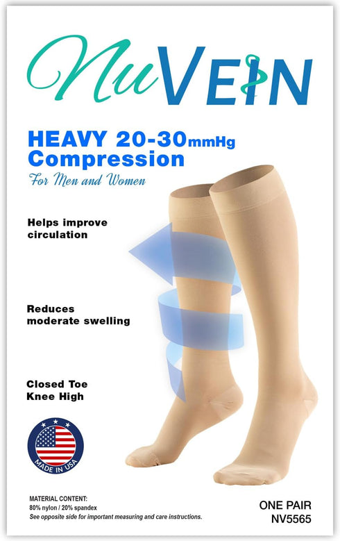 NuVein Medical Compression Stockings, 20-30 mmHg Support for Women & Men, Knee Length, Closed Toe, Large Black