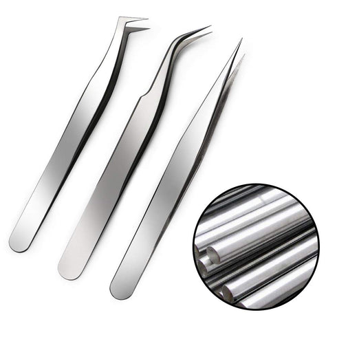 Quewel Eyelash Extension Tweezers Set, Curved and Straight Stainless Steel Applicator Tool, 3 Pcs (Silver, Mirrored)