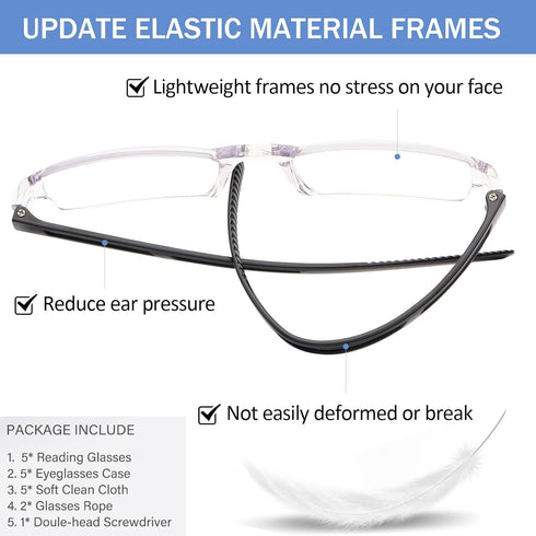 AQWANO Frameless Reading Glasses, Blue Light Blocking Computer Readers, 5 Pack for Men and Women