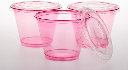 Golden Apple 9oz Pink Red Plastic Cups, 50 Sets with Clear Flat No Hole Lids