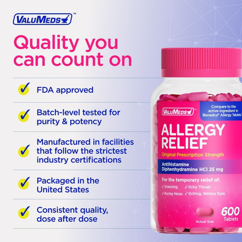 ValuMeds Allergy Medicine Antihistamine, Diphenhydramine HCl 25 mg, Relieve Itchy Eyes, Runny Nose, Sneezing, 600 Count