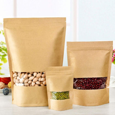 50 pcs Kraft Bags with Window Stand Up Ziplock Seal Paper Bag, Resealable Large Food Storage Pouch 1oz 3.5×5.5in