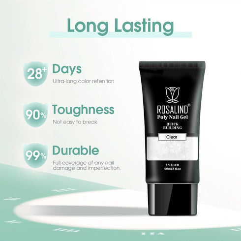 ROSALIND 2 oz Clear Poly Nail Gel, Professional Nail Extension Gel for Long Lasting DIY & Salon Nails, Quick Dry UV/LED