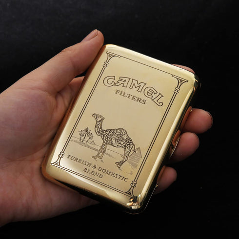 Metal Cigarette Case, Holds 16 Cigarettes, Vintage Copper Camel Smoking Box, Portable Waterproof (Brass)