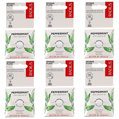 RADIUS Peppermint Dental Floss, 55 Yards, Vegan and Non-Toxic Oral Care, Pack of 6