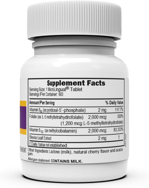 Superior Source No Shot Vitamin B12 Methylcobalamin (2000 mcg), Methylfolate, B6 (P-5-P), Quick Dissolve MicroLingual, 60 Ct, Cognitive Health, Increase Energy, Healthy Heart, Non-GMO