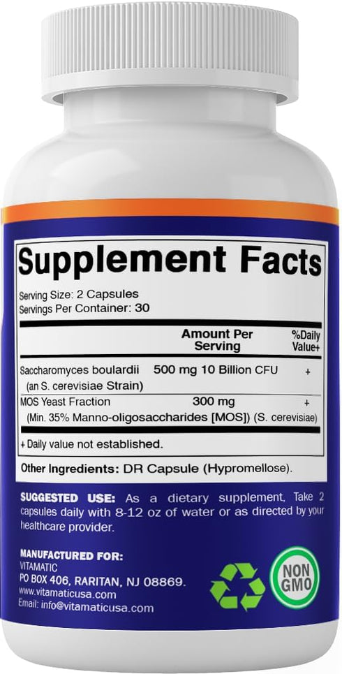 Vitamatic Saccharomyces Boulardii Probiotic, 10B per Serving + Yeast Extract, 300 mg, 60 DR Capsules