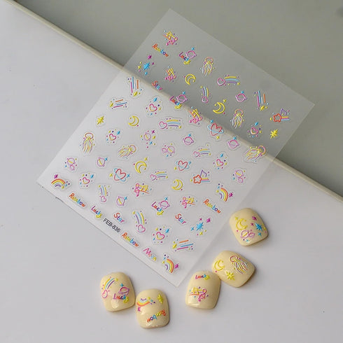 Cute Nail Art Stickers, 5D Embossed Star Moon Heart Design, Colorful Self-Adhesive Nail Decals for Women Girls DIY