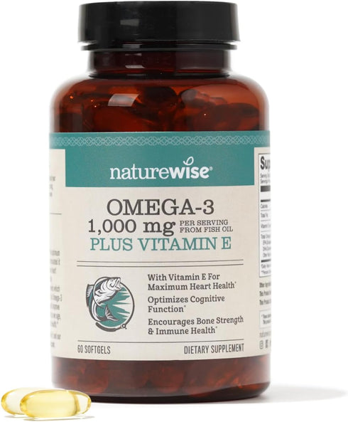 NatureWise Extra-Strength Omega 3 Fish Oil Supplement, 1000mg, 60 Softgels, 600 EPA & 400 DHA, Heart & Brain Health