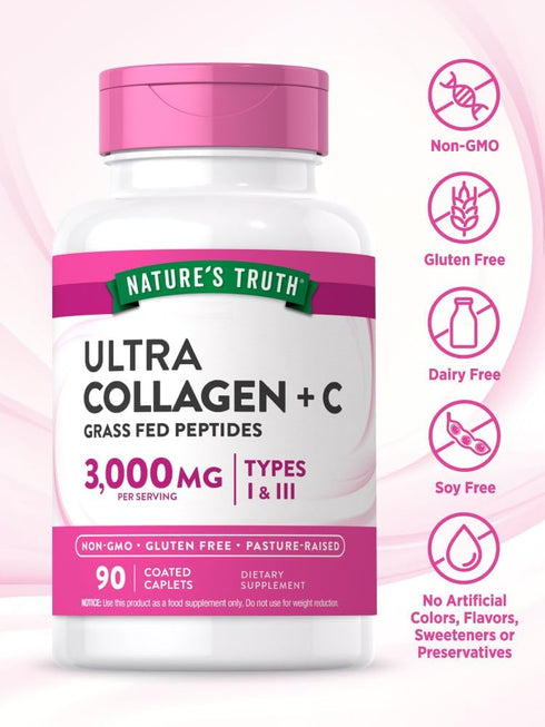 Nature's Truth Hydrolyzed Collagen Peptides - 90 Caplets, Type 1 and 3 with Vitamin C, Grass Fed
