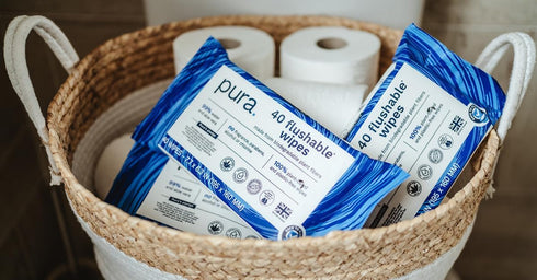 Pura Flushable Wipes 4 x 40 Toilet Wipes (160 Wipes), 100% Plastic Free Moist Toilet Tissue, Sensitive Skin