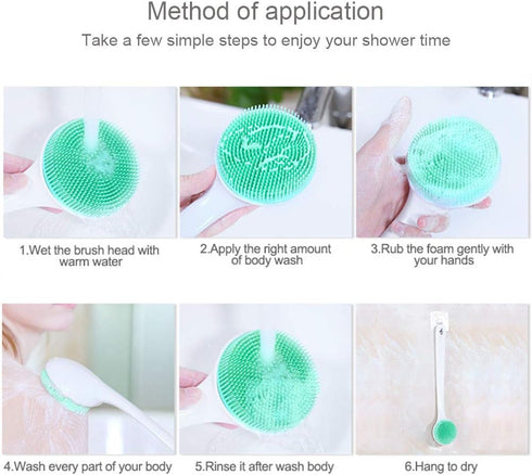Silicone Body Scrubber Exfoliator - Long Handle Shower Brush with Soft Bristles, BPA Free, Non-Slip