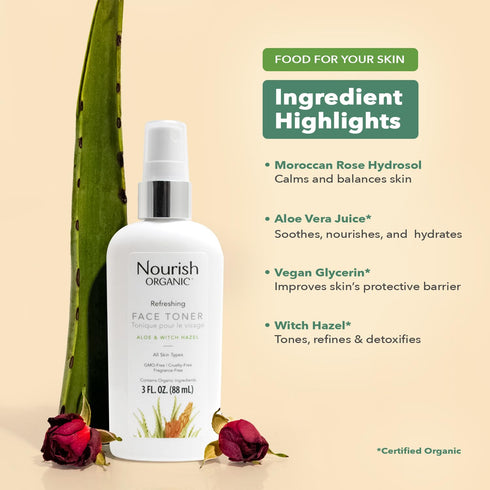Nourish Organic Face Toner Spray – Alcohol-Free with Witch Hazel, Aloe Vera & Moroccan Rose Extract, 3 Oz + Cotton Round