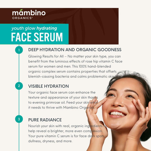 Mambino Organics Youth Glow Hydrating Serum, Organic Face Serum with Namibian Marula, 1 fl oz
