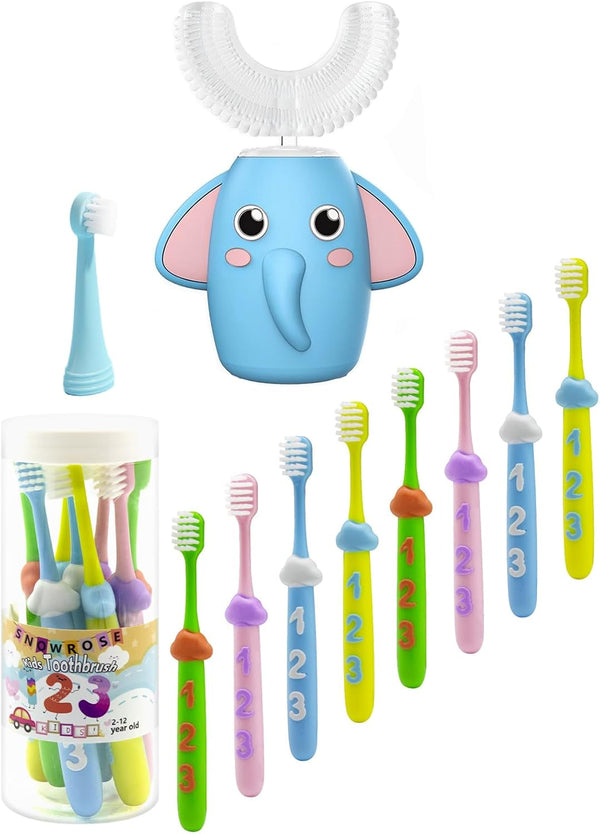 SNOWROSE 8 Pcs Soft Bristles Kids Toothbrushes and Kids Electric Toothbrush U-Shaped Ultrasonic