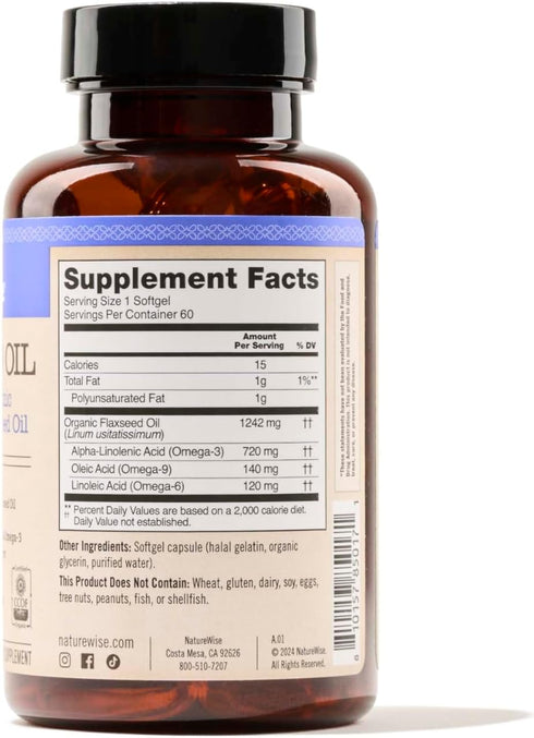 NatureWise Flaxseed Oil 1200mg Softgels with 720mg ALA, Fish Free Omega 3 6 9 Supplement for Heart Health - 60 Softgels