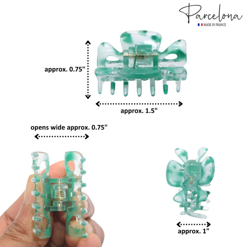 Parcelona French Classic Very Small Claw Clips Set of 3 for Girls Hair Accessories (Clear-White-Shadow Green)