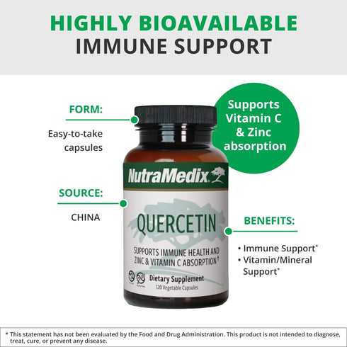 NutraMedix Quercetin 500mg Capsules - Antioxidant & Immune Support for Heart Health, Aids in Zinc & Vitamin C