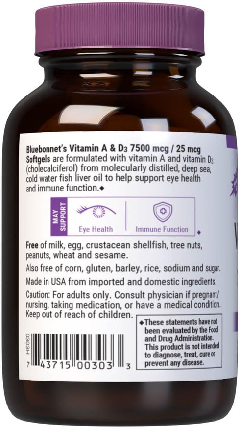 Bluebonnet Nutrition Vitamin A & D3 25,000 IU/1,000 IU from Cold Water Fish Oil, 100 Softgel/Servings, Immune Function
