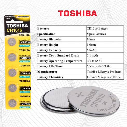 Toshiba CR1616 3V Lithium Coin Cell Battery, Pack of 5