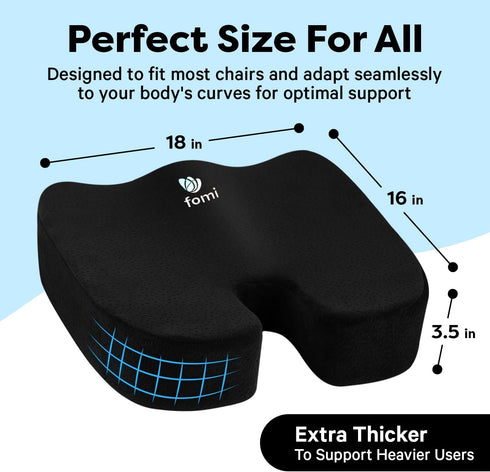 FOMI Extra Thick Firm Coccyx Orthopedic Memory Foam Seat Cushion | Black Large Cushion for Car or Truck Seat, Office