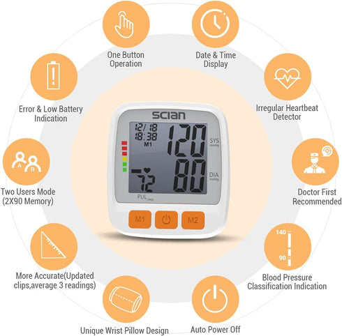 SCIAN Wrist Blood Pressure Cuff, Blood Pressure Wrist Cuff with Adjustable Wrist Cuff & Large LCD Display 2 Users 180 Memory for Doctor & Home Use
