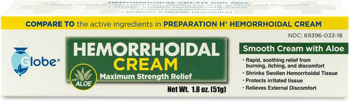 Globe Hemorrhoid Cream (2 Pack, 1.8 Ounce Tube) with Aloe for Relief from Hemorrhoids, Itching, Burning, Discomfort