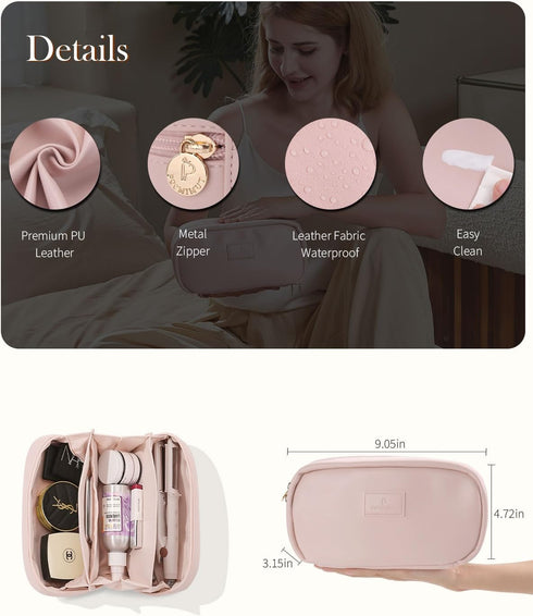 Pocmimut Makeup Bag, PU Leather Travel Cosmetic Bag, Open Flat Pouch for Women Accessories (Pink)