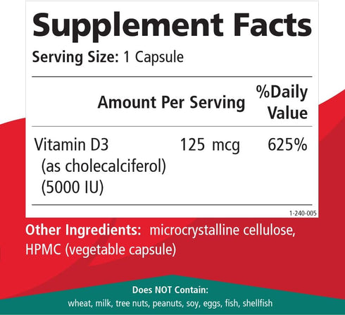 Pure Essence Labs Vitamin D - 5000 IU from 100% Pure Cholecalciferol, 30 Vegetarian Capsules