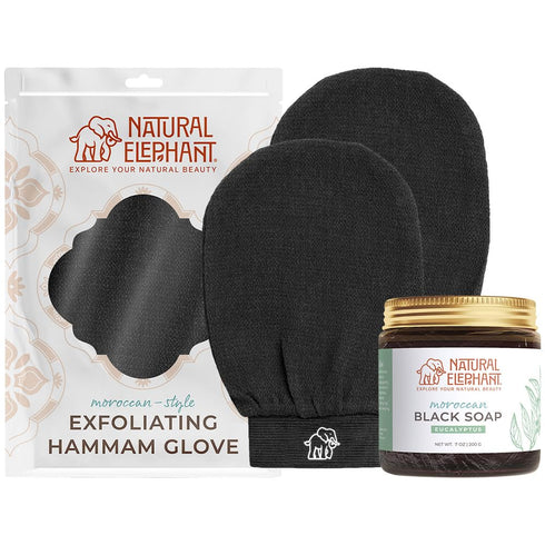 Natural Elephant Moroccan Black Soap 200g (7oz) with 2 Pack Exfoliating Hammam Glove Combo (Pure Black)