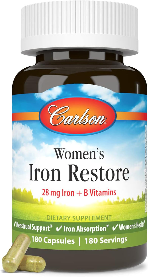 Carlson Women's Iron Restore, 28 mg Iron + B Vitamins, 180 Capsules for Menstrual Support & Women's Health