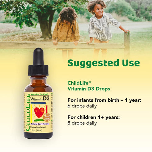 CHILDLIFE ESSENTIALS Vitamin D3 Drops, 500 IU, Natural Berry, 1 Fl Oz, Immune & Bone Health for Infants