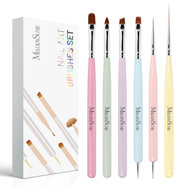MelodySusie Nail Art Brushes Set, 6pcs Design Pen Painting Tools with Extension Gel Brush, Polish Brush for DIY