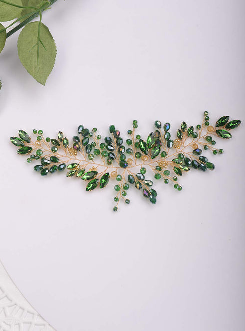 Kercisbeauty Bride Hair Accessories - Green Crystal Hair Vine, Gold Headband for Vintage Wedding