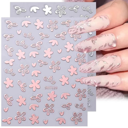 8 Sheets 3D Bronzing Flower Leaf Nail Stickers - Self-Adhesive Gold Silver Rose Gold Floral Leaves for Women