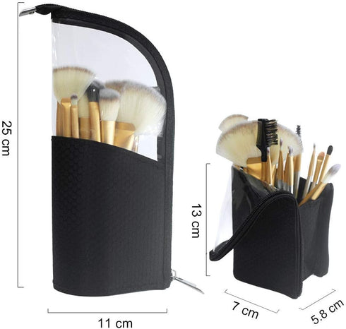 ANEMEL Black Travel Makeup Brush Holder 2-Pack, Organizer Bag Clear Plastic Cosmetic Zipper Pouch Portable Waterproof Dust-Free Stand-Up Small Toiletry Stationery Bag with Divider