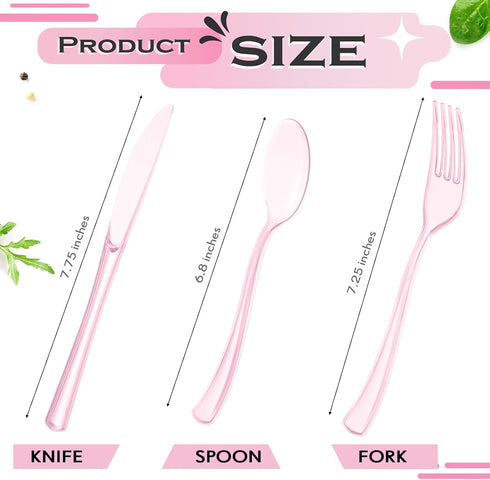 150 Pieces Disposable Cutlery Set Plastic Silverware Heavy Duty Utensil Sets 50 Forks 50 Knives 50 Spoons for Home Office School Party Picnics Restaurant Outdoor Events or Every Day Use (Pink) by Minatee