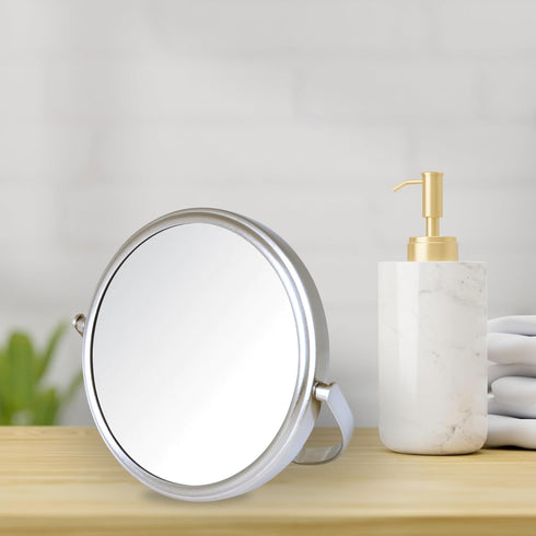 Model's Choice Two-Sided Tabletop Makeup Mirror - 5X Magnification & Swivel Design, Portable 5.5-Inch Diameter, Nickel