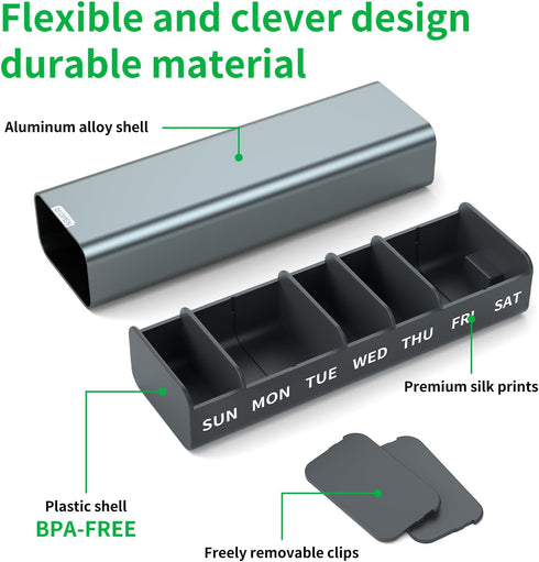 TecQach 7 Metal Weekly Pill Organizer Day,Removable Comparments Daily Pill Box, Travel Pill Case, Large Capacity Cute
