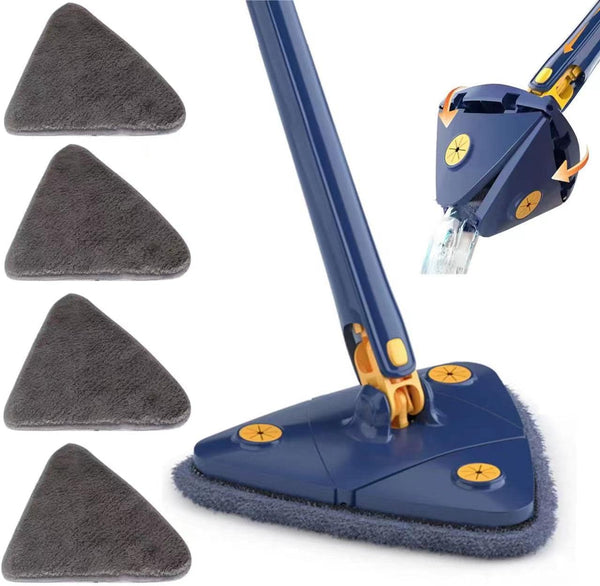 360 Degree Rotatable Adjustable Cleaning Mop, 52.1'' Telescopic Triangular Mop with 4 Replacement Microfiber Pads (Blue)