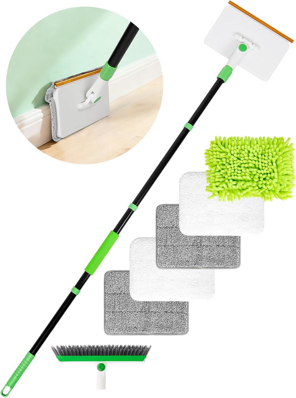 Nicecastle 4-in-1 Baseboard Cleaning Tool with Handle 5 Reusable Pads 1 Stiff Bristle